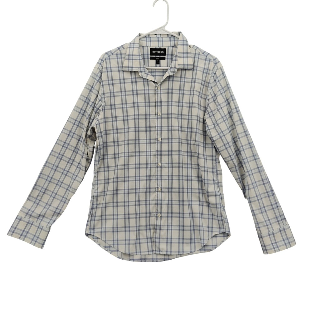 Bonobos Mens Preppy Window Plaid Business Casual Slim Fit Shirt L White Blue